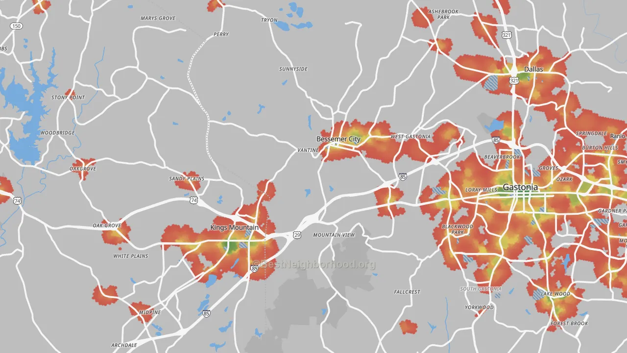 Walk Grade map of Mountain View, NC, walkable areas in green and car-dependent areas in red