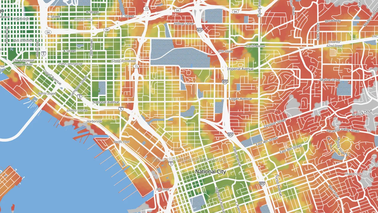 Walk Grade map of Mountain View San Diego, San Diego, CA, walkable areas in green and car-dependent areas in red