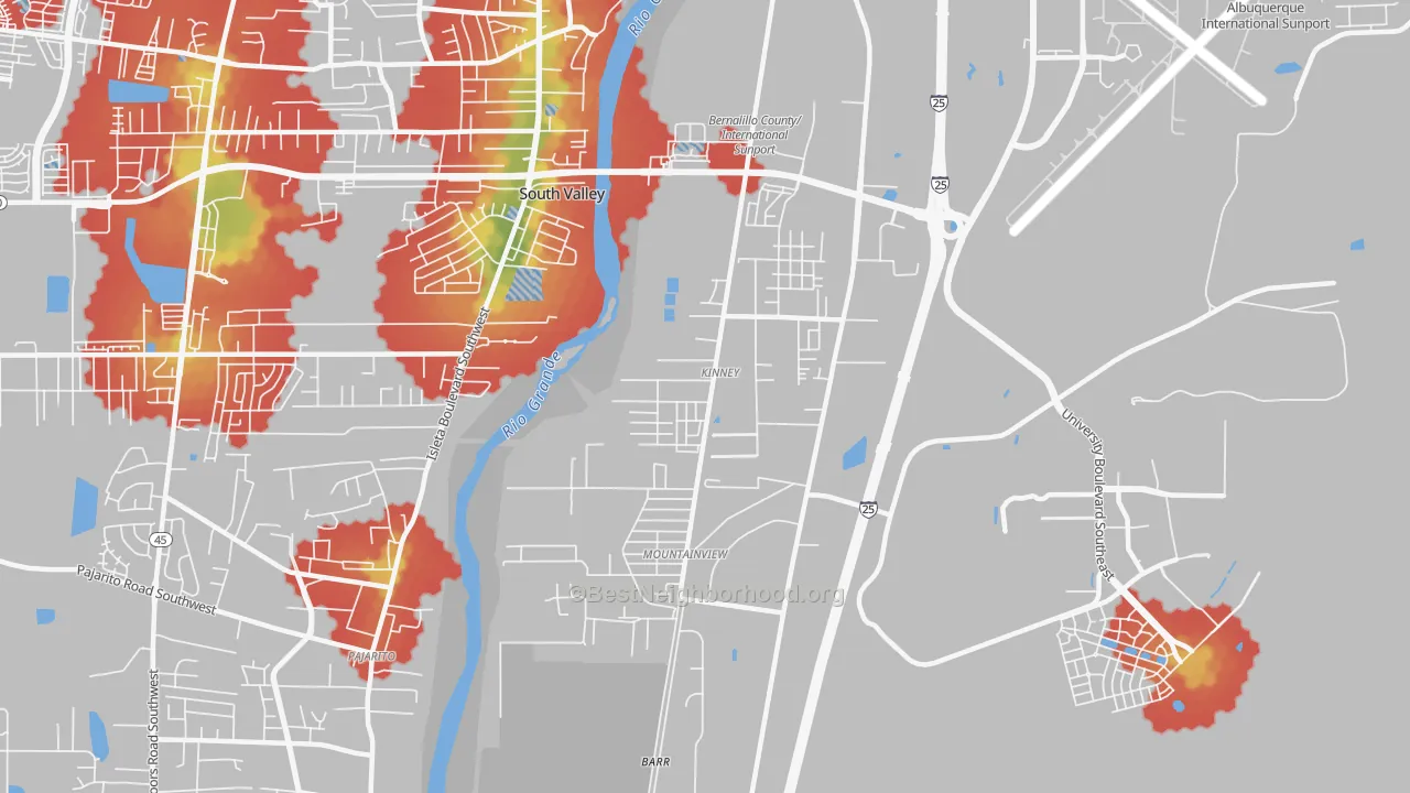 Walk Grade map of Mountain View, South Valley, NM, walkable areas in green and car-dependent areas in red