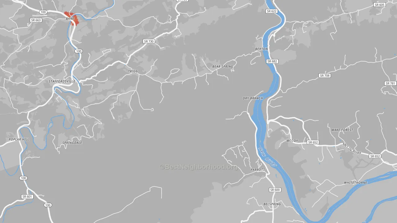 Walk Grade map of Mountain View, VA, walkable areas in green and car-dependent areas in red