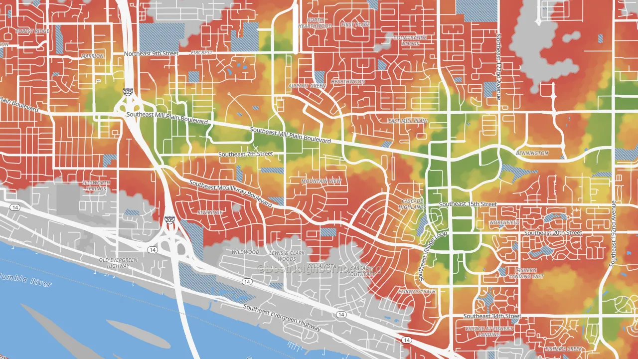 Walk Grade map of Mountain View, Vancouver, WA, walkable areas in green and car-dependent areas in red