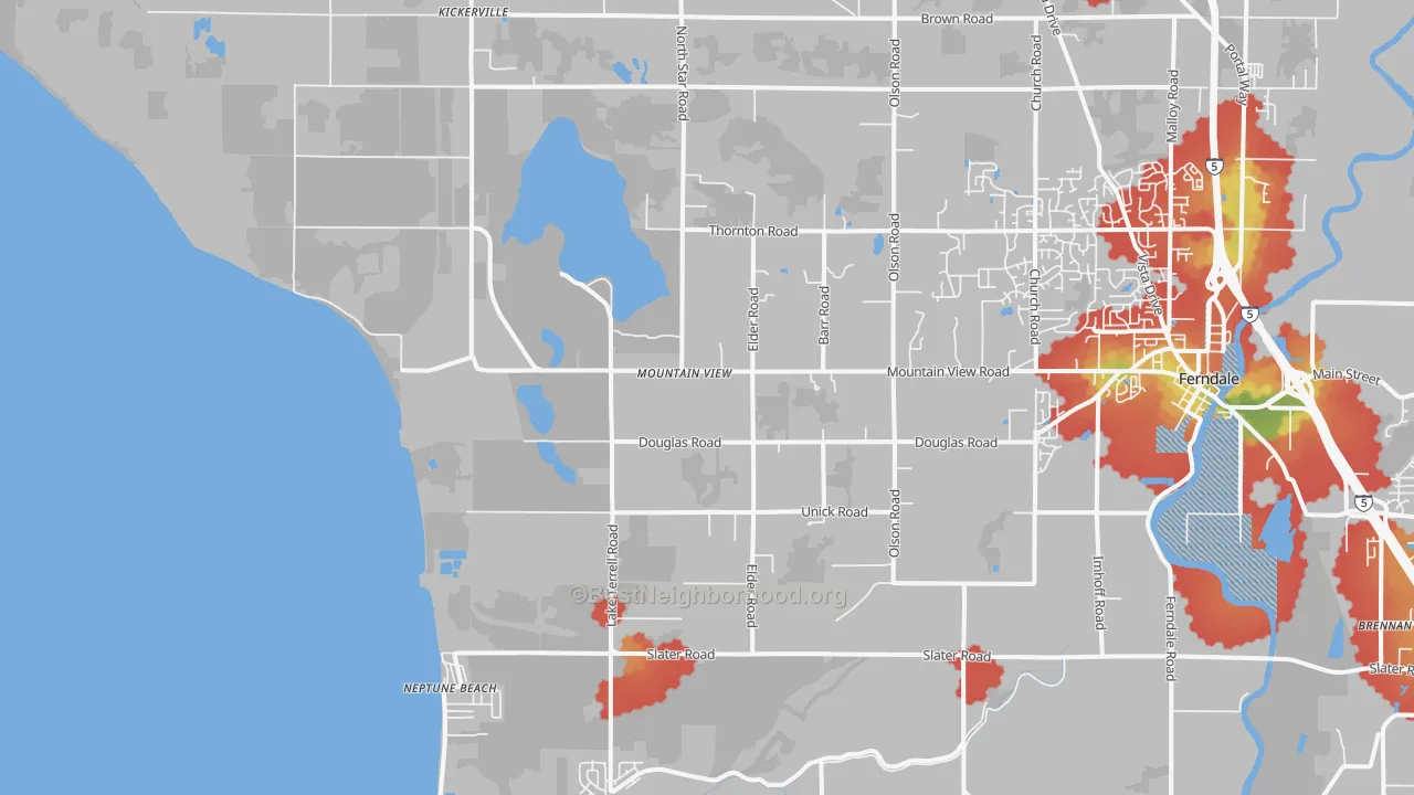 Walk Grade map of Mountain View, WA, walkable areas in green and car-dependent areas in red
