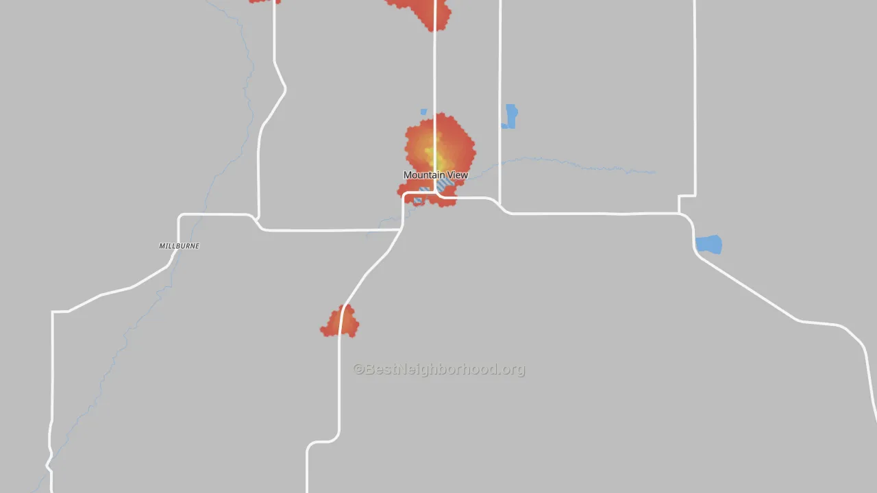 Walk Grade map of Mountain View, WY, walkable areas in green and car-dependent areas in red