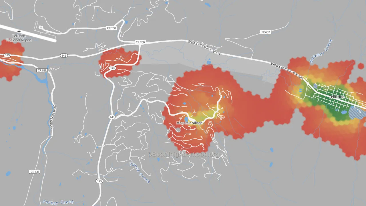 Walk Grade map of Mountain Village, CO, walkable areas in green and car-dependent areas in red