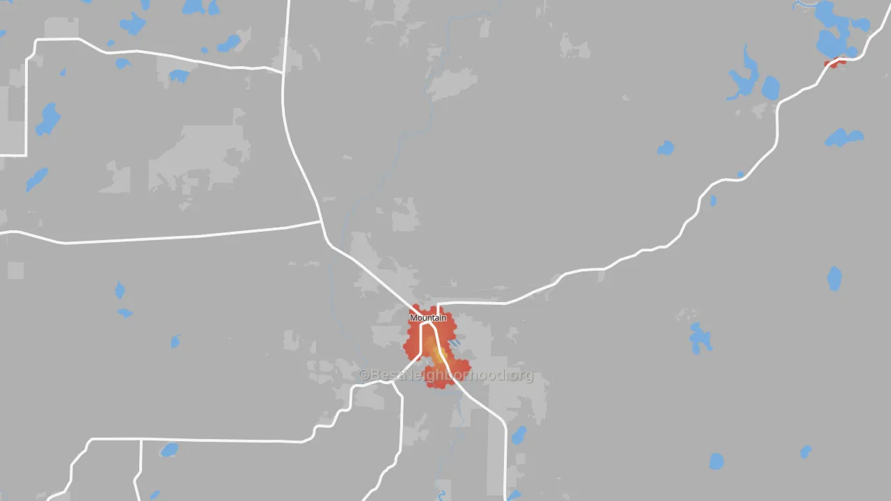 Walk Grade map of Mountain, WI, walkable areas in green and car-dependent areas in red