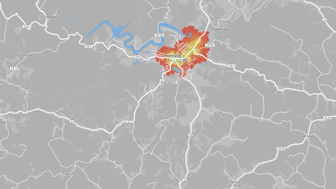 Walk Grade map of Mountain, WV, walkable areas in green and car-dependent areas in red