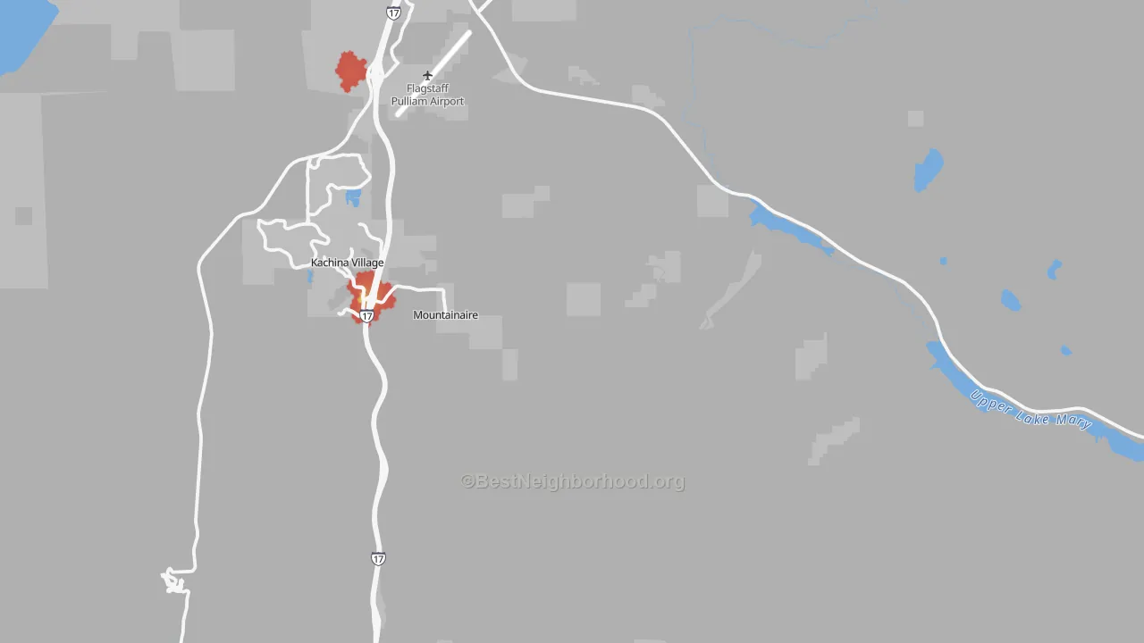 Walk Grade map of Mountainaire, AZ, walkable areas in green and car-dependent areas in red