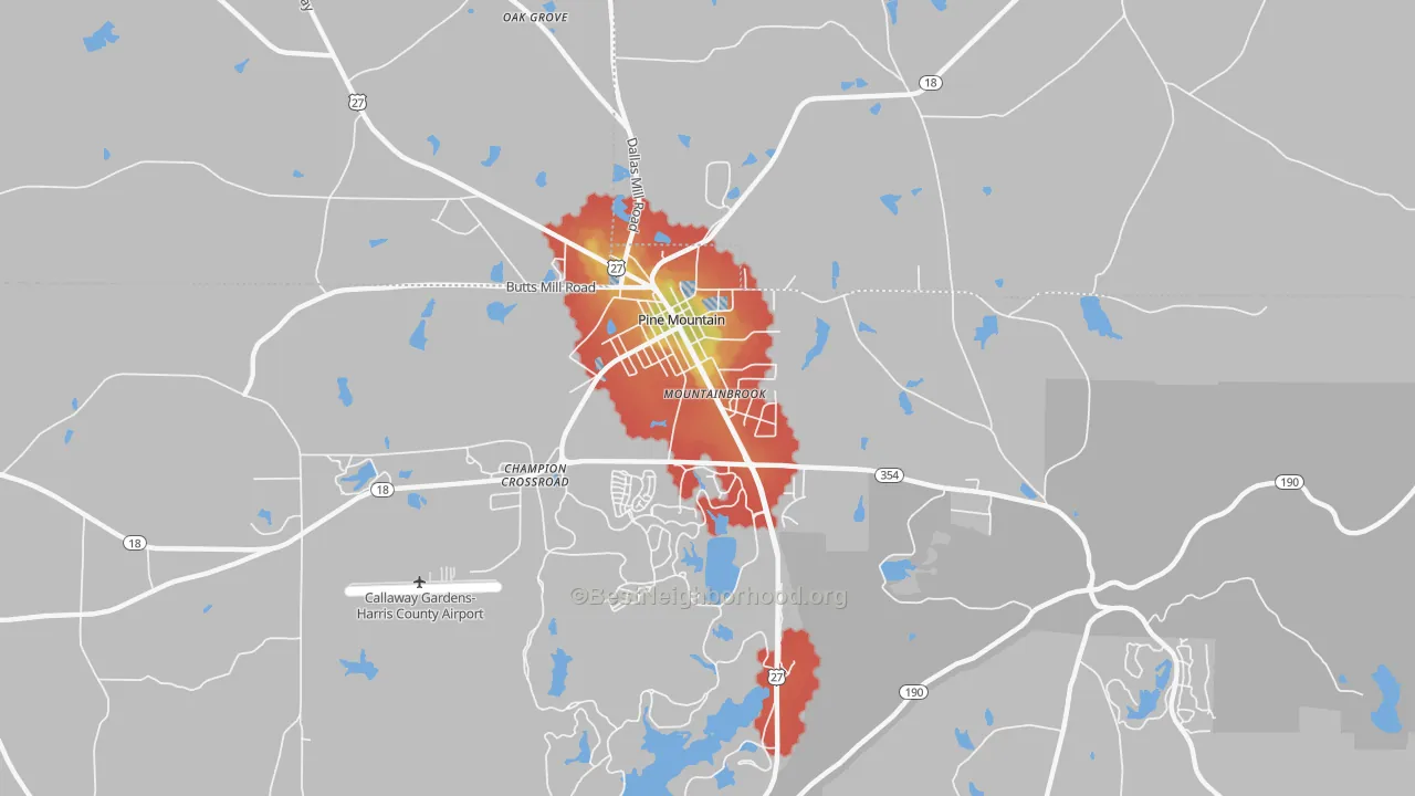 Walk Grade map of Mountainbrook, GA, walkable areas in green and car-dependent areas in red