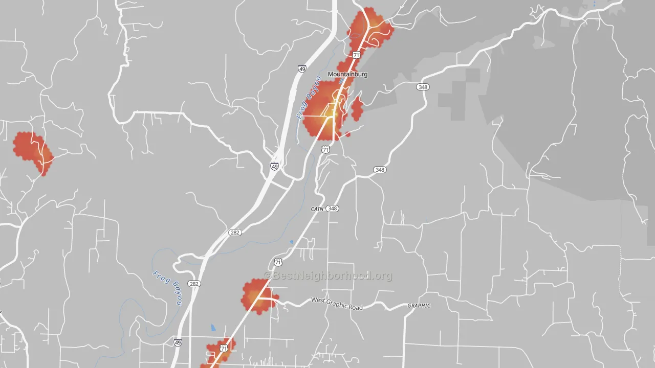 Walk Grade map of Mountainburg, AR, walkable areas in green and car-dependent areas in red