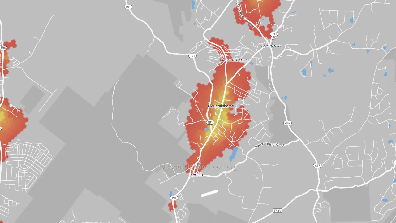 Walk Grade map of Mountainhome, PA, walkable areas in green and car-dependent areas in red