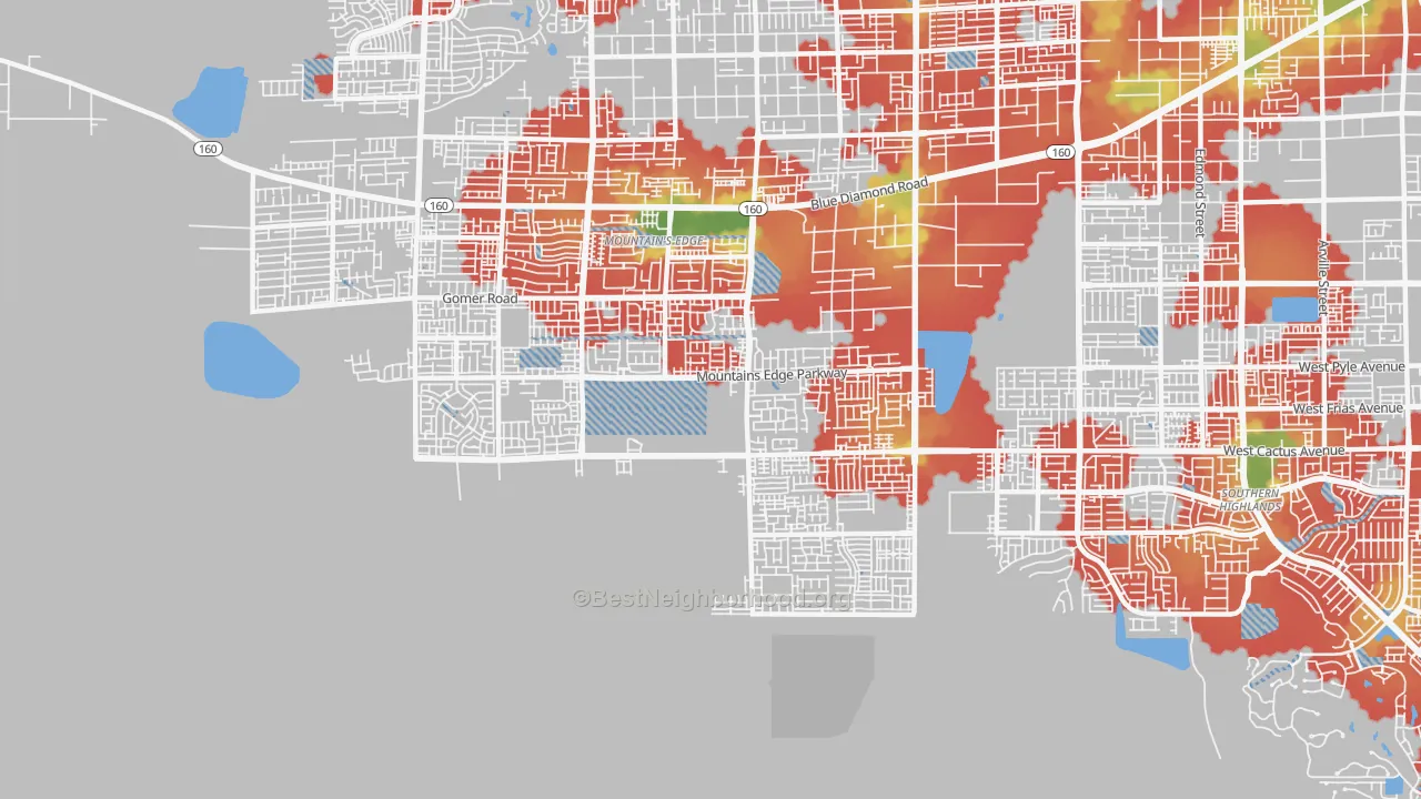 Walk Grade map of Mountain's Edge, Las Vegas, NV, walkable areas in green and car-dependent areas in red