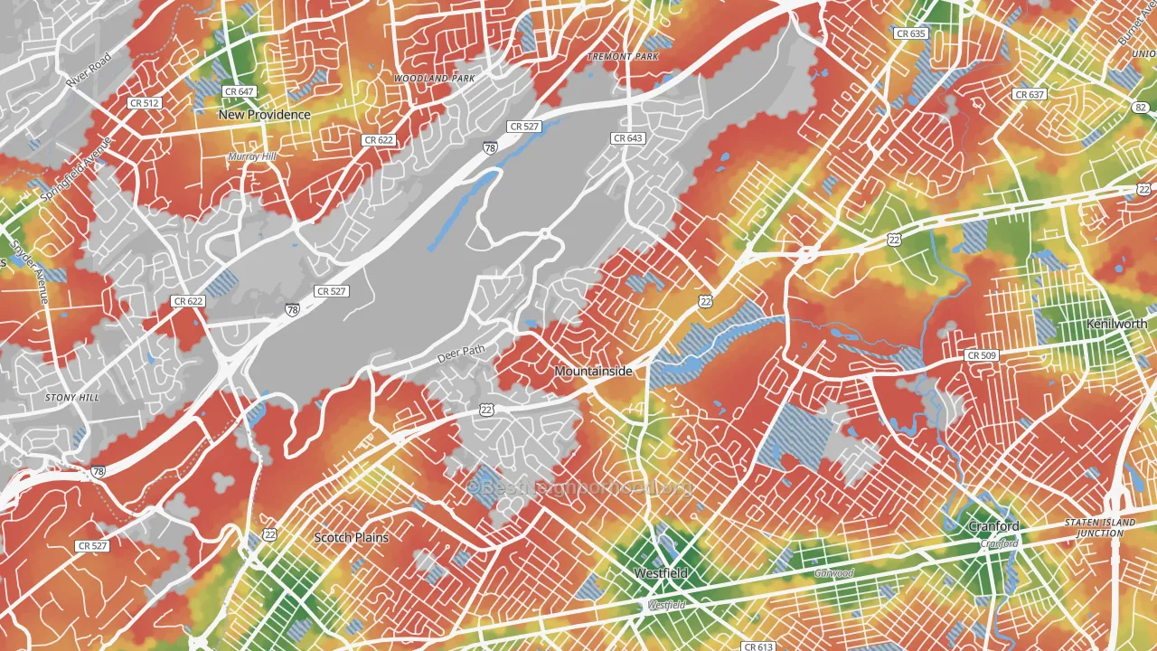 Walk Grade map of Mountainside, NJ, walkable areas in green and car-dependent areas in red