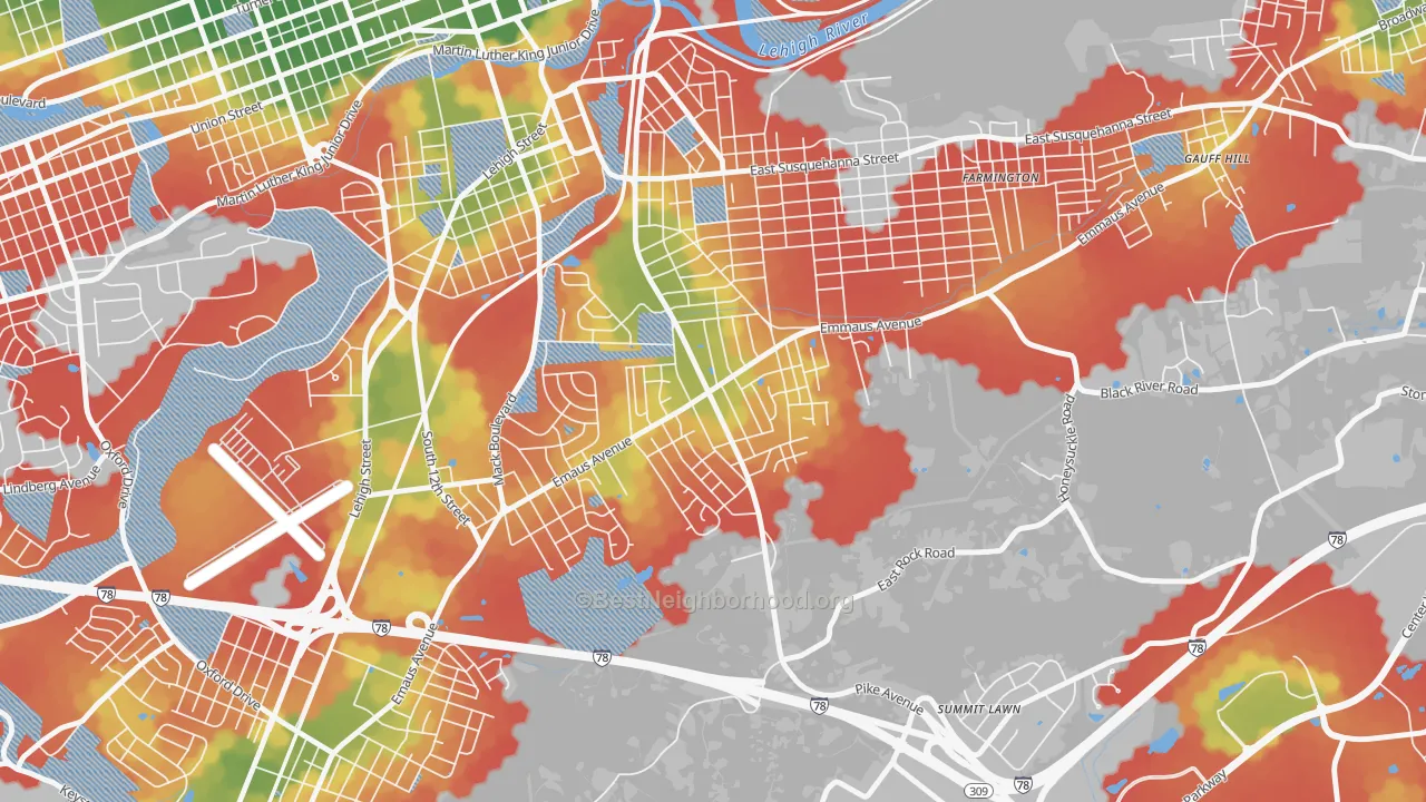 Walk Grade map of Mountainville, Allentown, PA, walkable areas in green and car-dependent areas in red