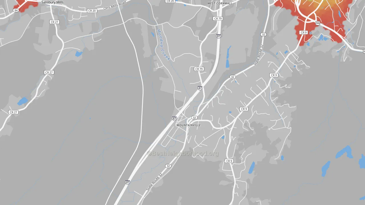 Walk Grade map of Mountainville, NY, walkable areas in green and car-dependent areas in red