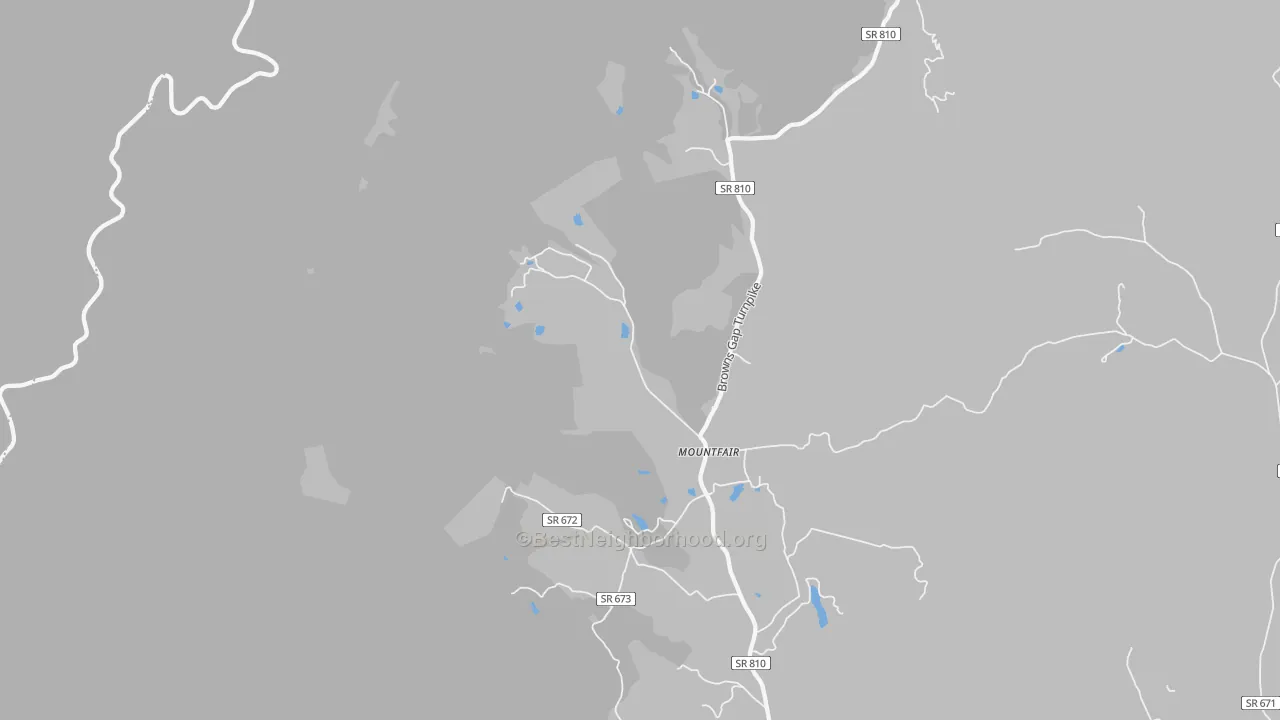 Walk Grade map of Mountfair, VA, walkable areas in green and car-dependent areas in red