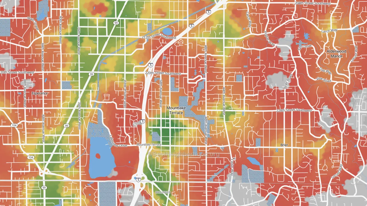 Walk Grade map of Mountlake Terrace, WA, walkable areas in green and car-dependent areas in red