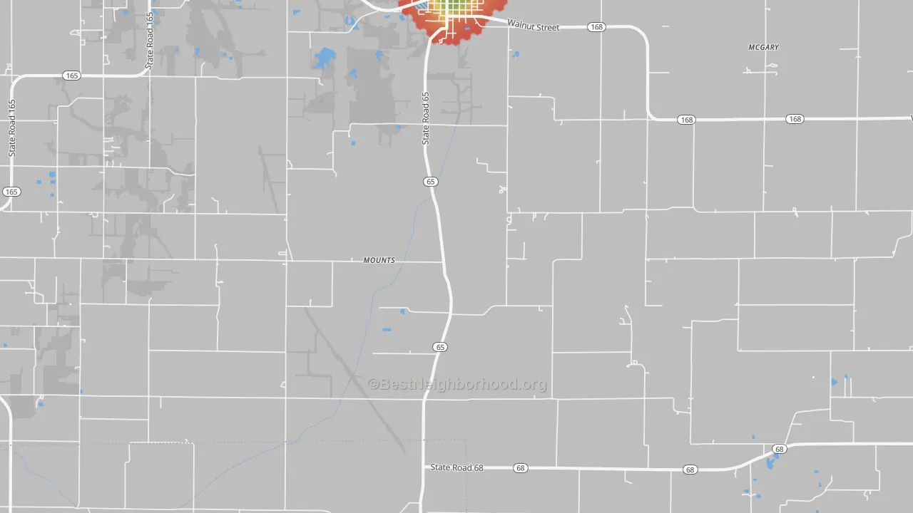 Walk Grade map of Mounts, IN, walkable areas in green and car-dependent areas in red