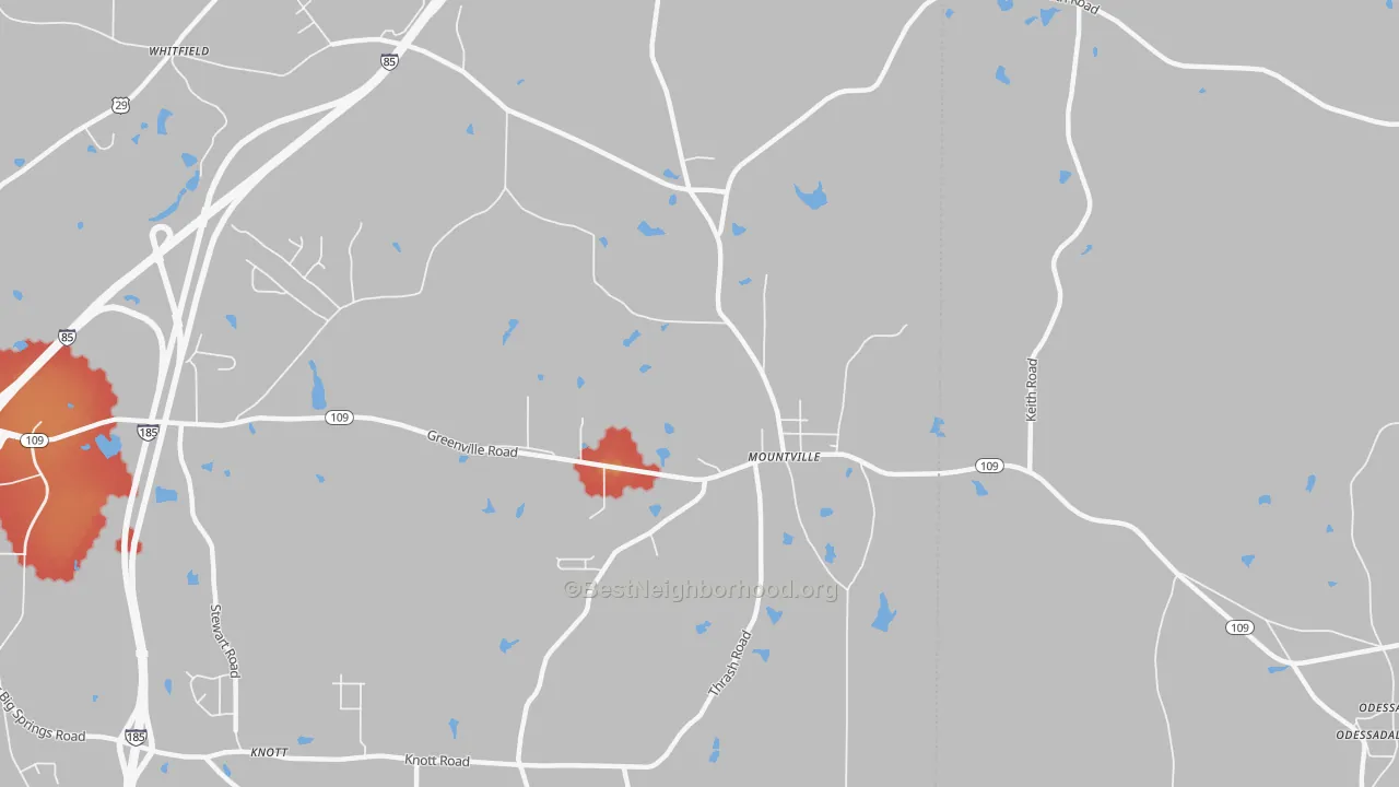 Walk Grade map of Mountville, GA, walkable areas in green and car-dependent areas in red