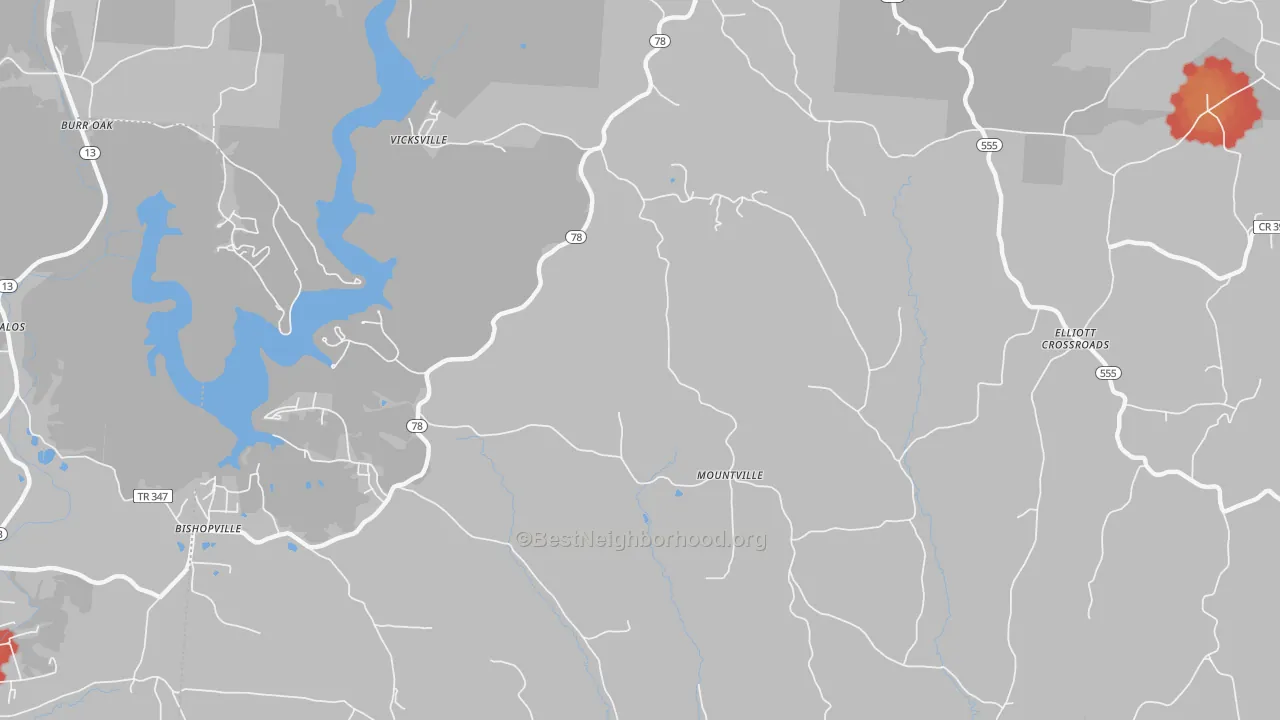 Walk Grade map of Mountville, OH, walkable areas in green and car-dependent areas in red