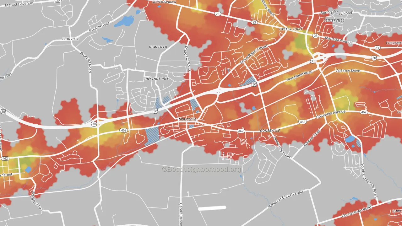 Walk Grade map of Mountville, PA, walkable areas in green and car-dependent areas in red