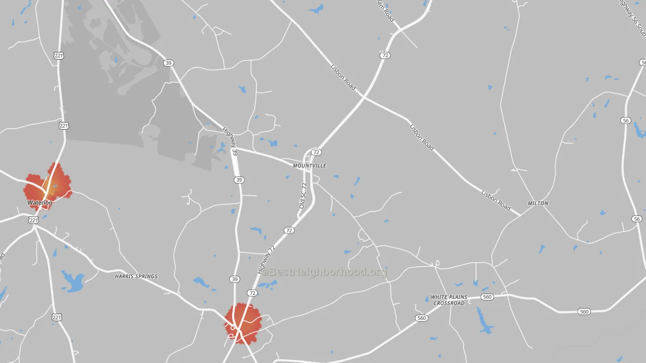 Walk Grade map of Mountville, SC, walkable areas in green and car-dependent areas in red