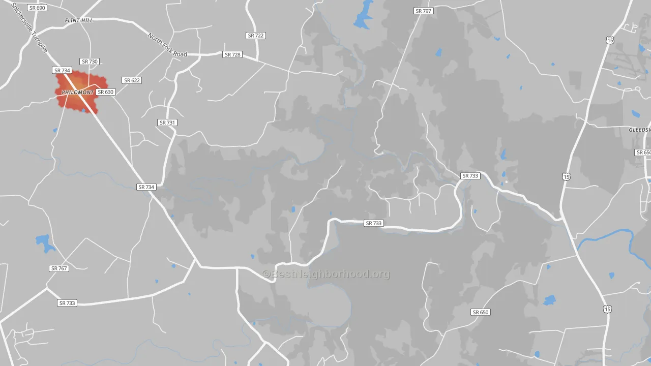 Walk Grade map of Mountville, VA, walkable areas in green and car-dependent areas in red