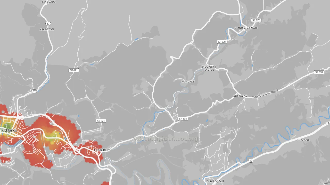 Walk Grade map of Mouth of Laurel, VA, walkable areas in green and car-dependent areas in red
