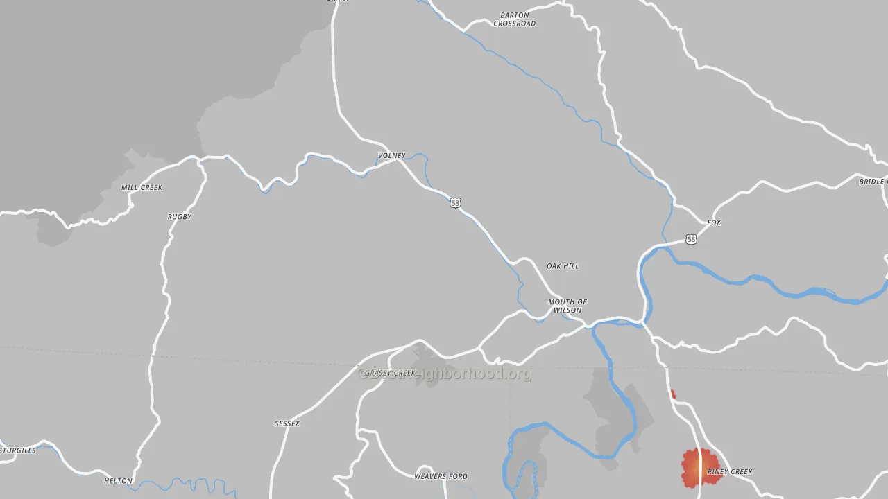 Walk Grade map of Mouth Of Wilson, VA, walkable areas in green and car-dependent areas in red