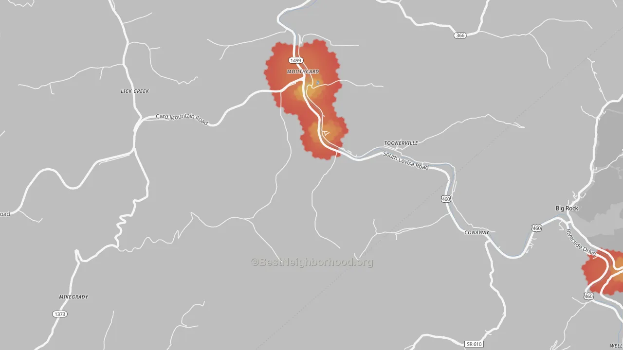 Walk Grade map of Mouthcard, KY, walkable areas in green and car-dependent areas in red