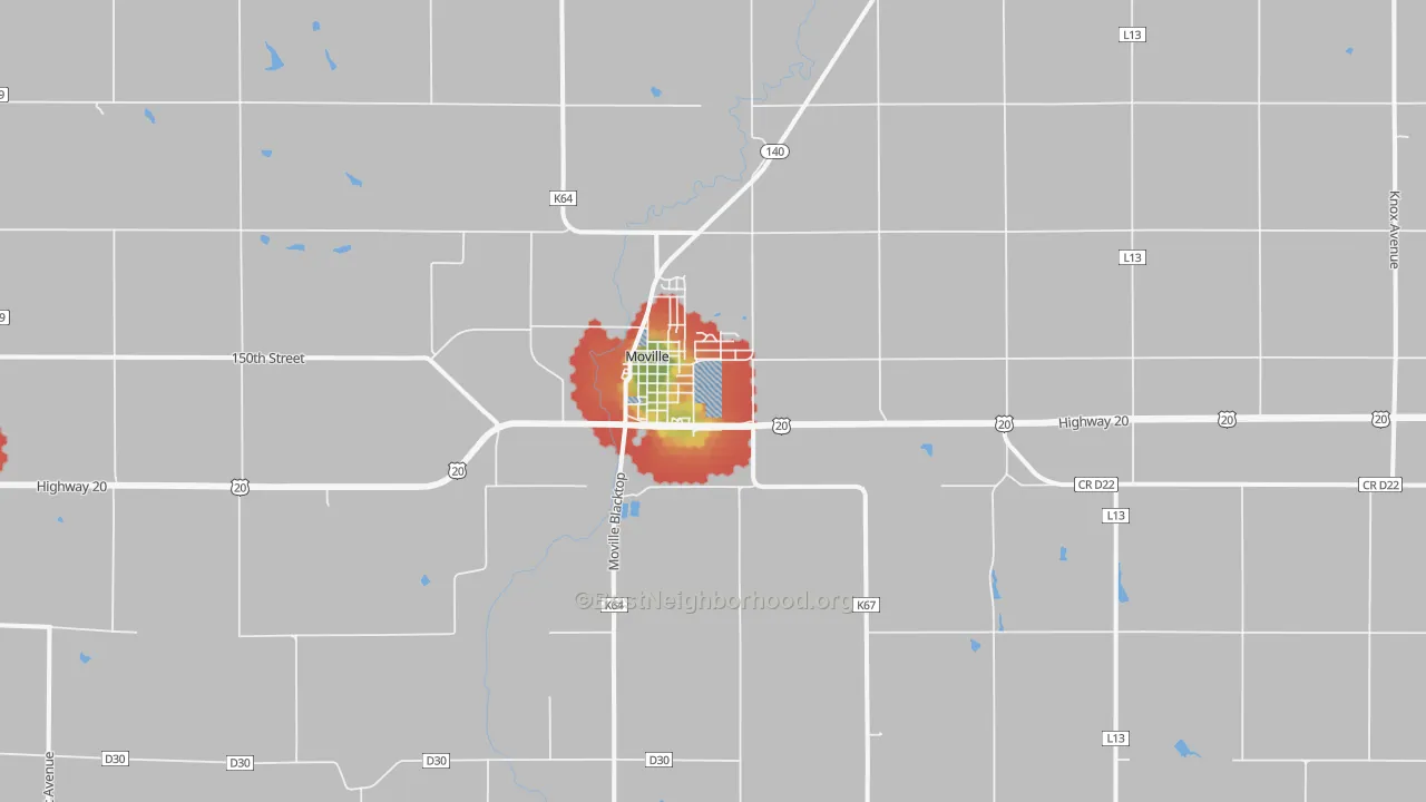 Walk Grade map of Moville, IA, walkable areas in green and car-dependent areas in red
