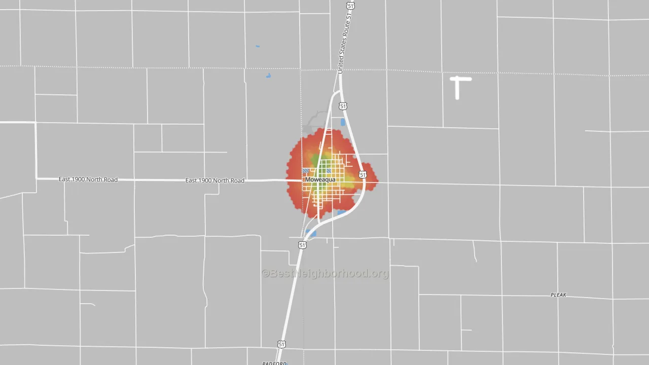 Walk Grade map of Moweaqua, IL, walkable areas in green and car-dependent areas in red