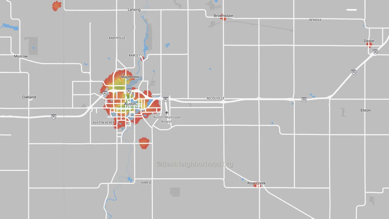 Walk Grade map of Mower County, MN, walkable areas in green and car-dependent areas in red