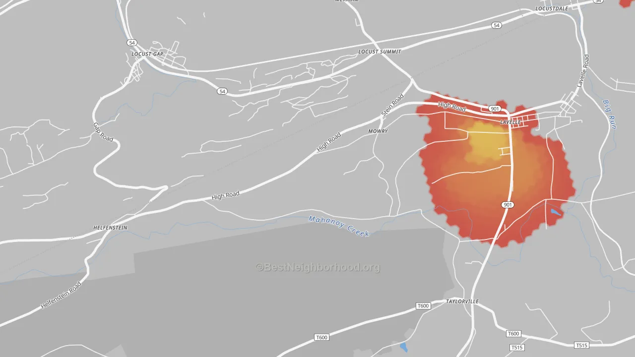 Walk Grade map of Mowry, PA, walkable areas in green and car-dependent areas in red