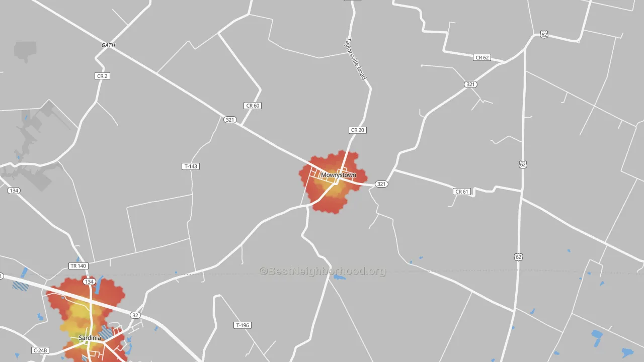 Walk Grade map of Mowrystown, OH, walkable areas in green and car-dependent areas in red