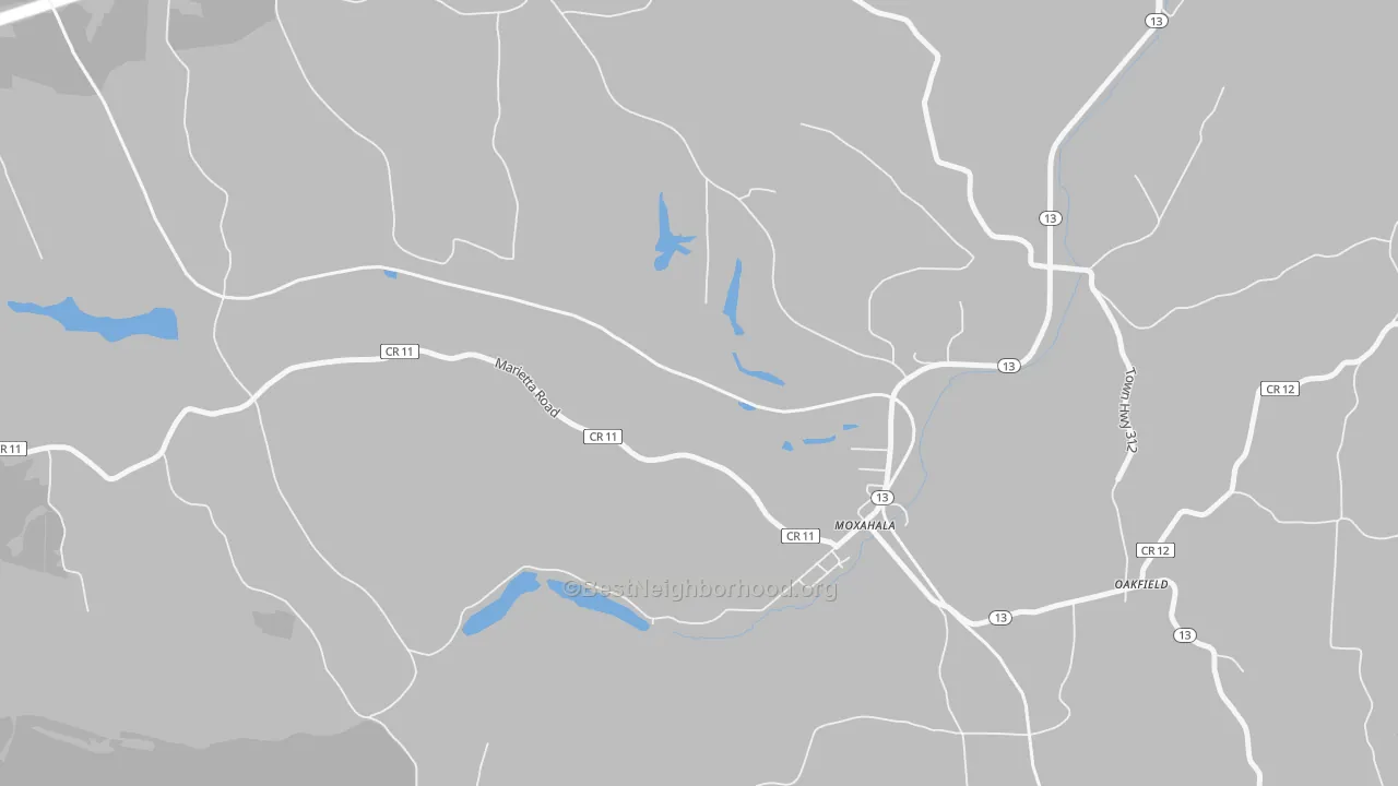 Walk Grade map of Moxahala, OH, walkable areas in green and car-dependent areas in red