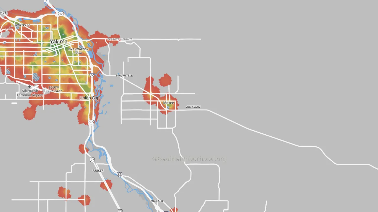 Walk Grade map of Moxee, WA, walkable areas in green and car-dependent areas in red