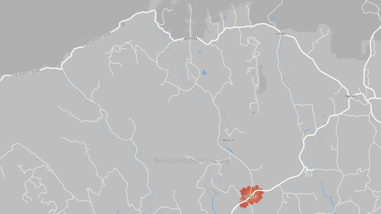 Walk Grade map of Moxley, NC, walkable areas in green and car-dependent areas in red