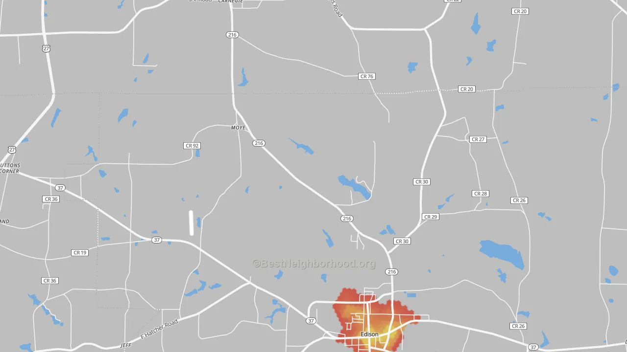 Walk Grade map of Moye, GA, walkable areas in green and car-dependent areas in red
