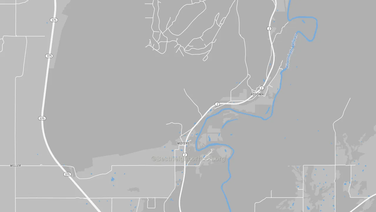 Walk Grade map of Moyers, OK, walkable areas in green and car-dependent areas in red