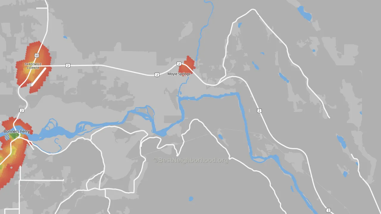 Walk Grade map of Moyie Springs, ID, walkable areas in green and car-dependent areas in red
