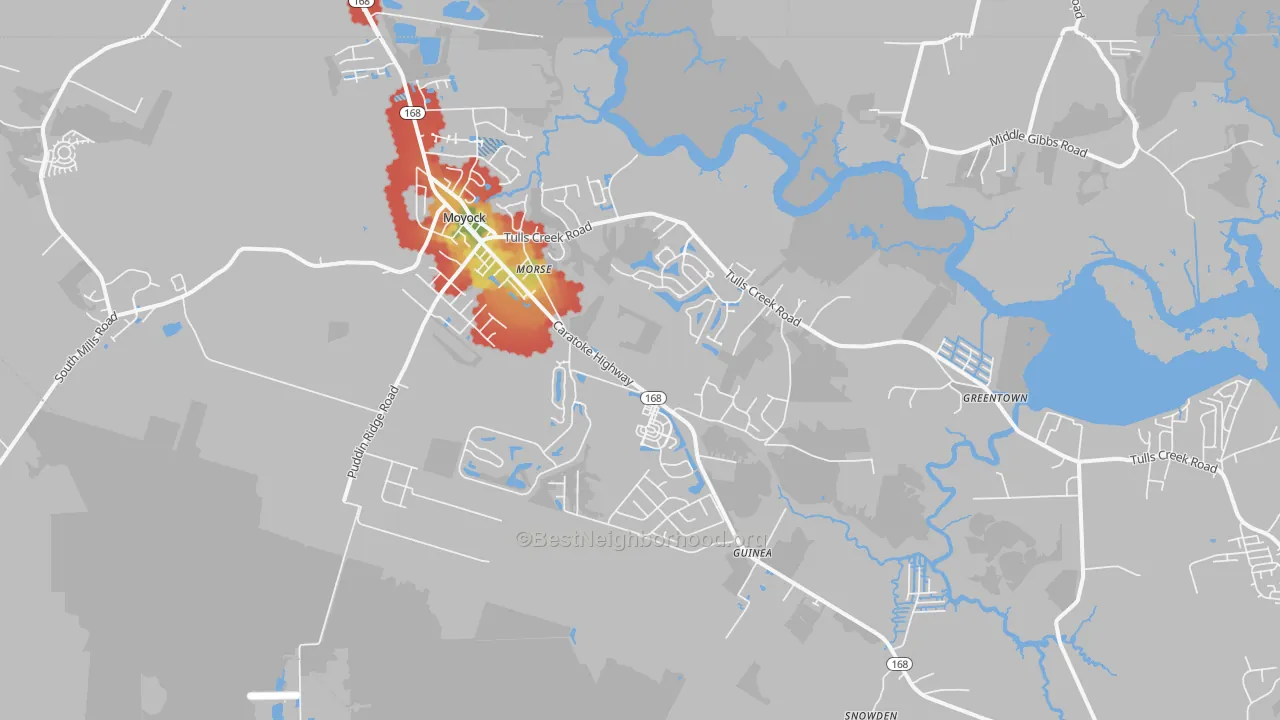 Walk Grade map of Moyock, NC, walkable areas in green and car-dependent areas in red