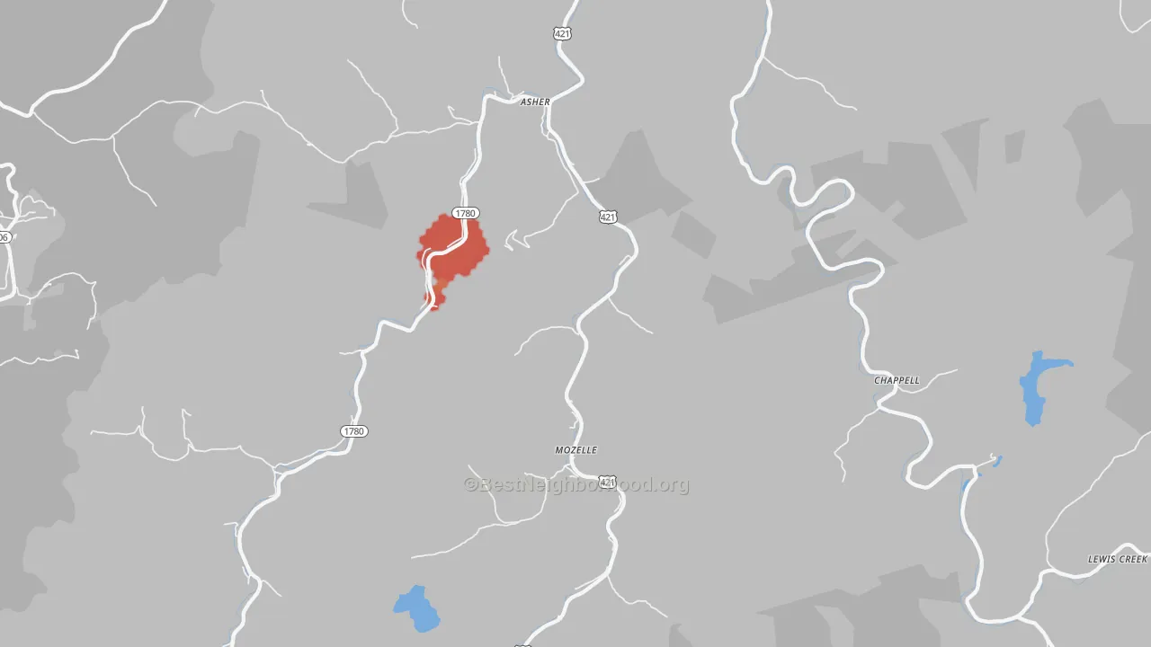 Walk Grade map of Mozelle, KY, walkable areas in green and car-dependent areas in red