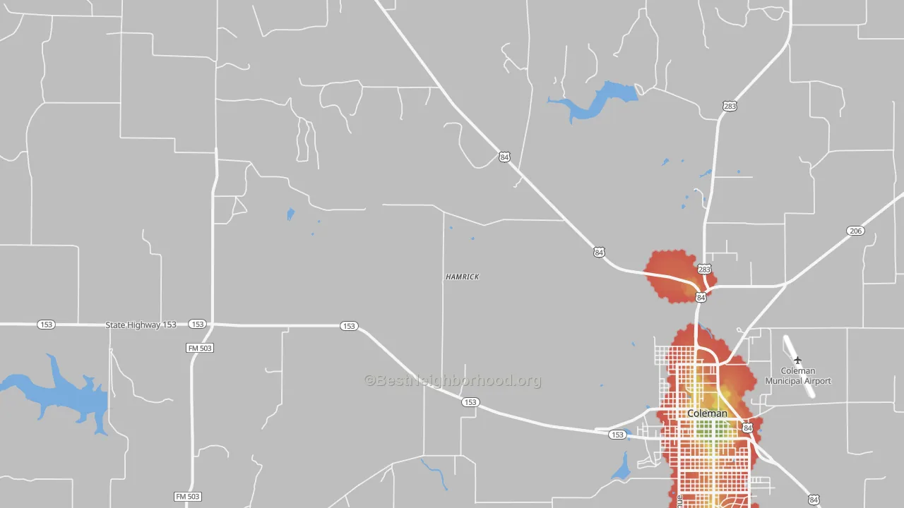 Walk Grade map of Mozelle, TX, walkable areas in green and car-dependent areas in red