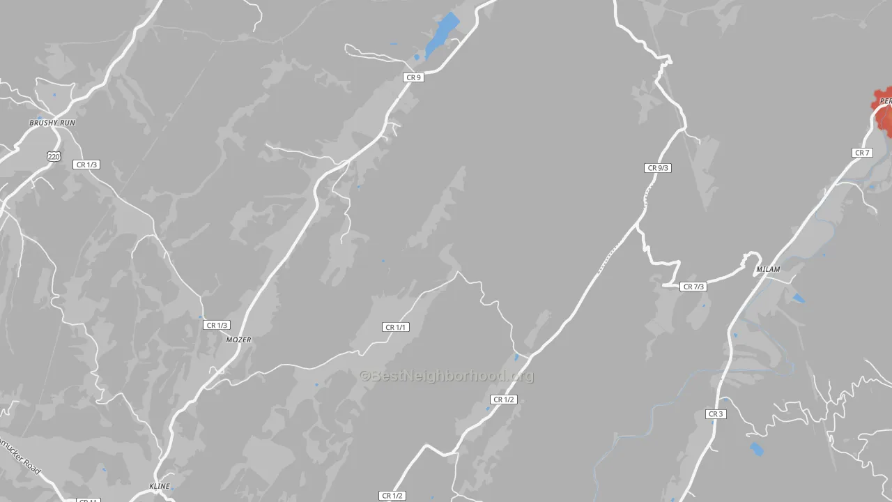 Walk Grade map of Mozer, WV, walkable areas in green and car-dependent areas in red