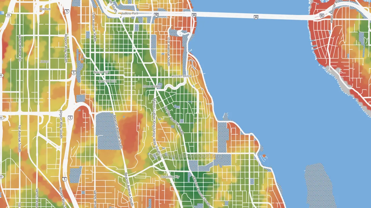 Walk Grade map of Mt. Baker, Seattle, WA, walkable areas in green and car-dependent areas in red