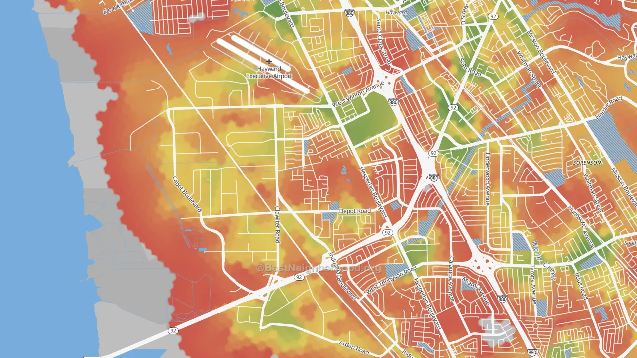 Walk Grade map of Mt Eden, Hayward, CA, walkable areas in green and car-dependent areas in red