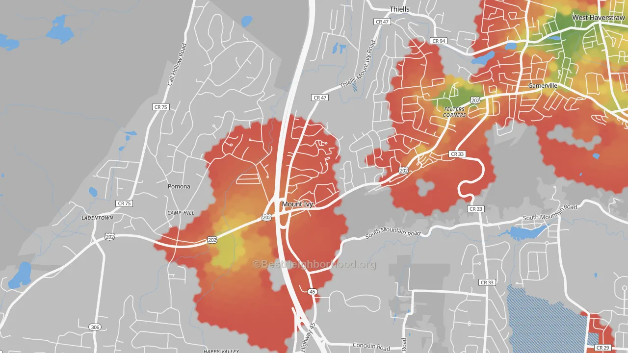 Walk Grade map of Mt Ivy, Pomona, NY, walkable areas in green and car-dependent areas in red