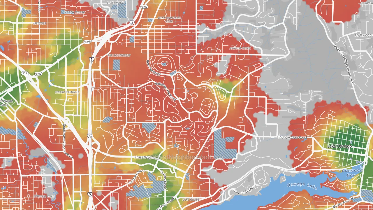 Walk Grade map of Mt. Park, Lake Oswego, OR, walkable areas in green and car-dependent areas in red