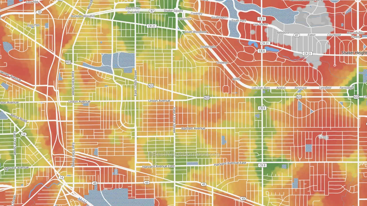 Walk Grade map of Mt Pleasant, Cleveland, OH, walkable areas in green and car-dependent areas in red