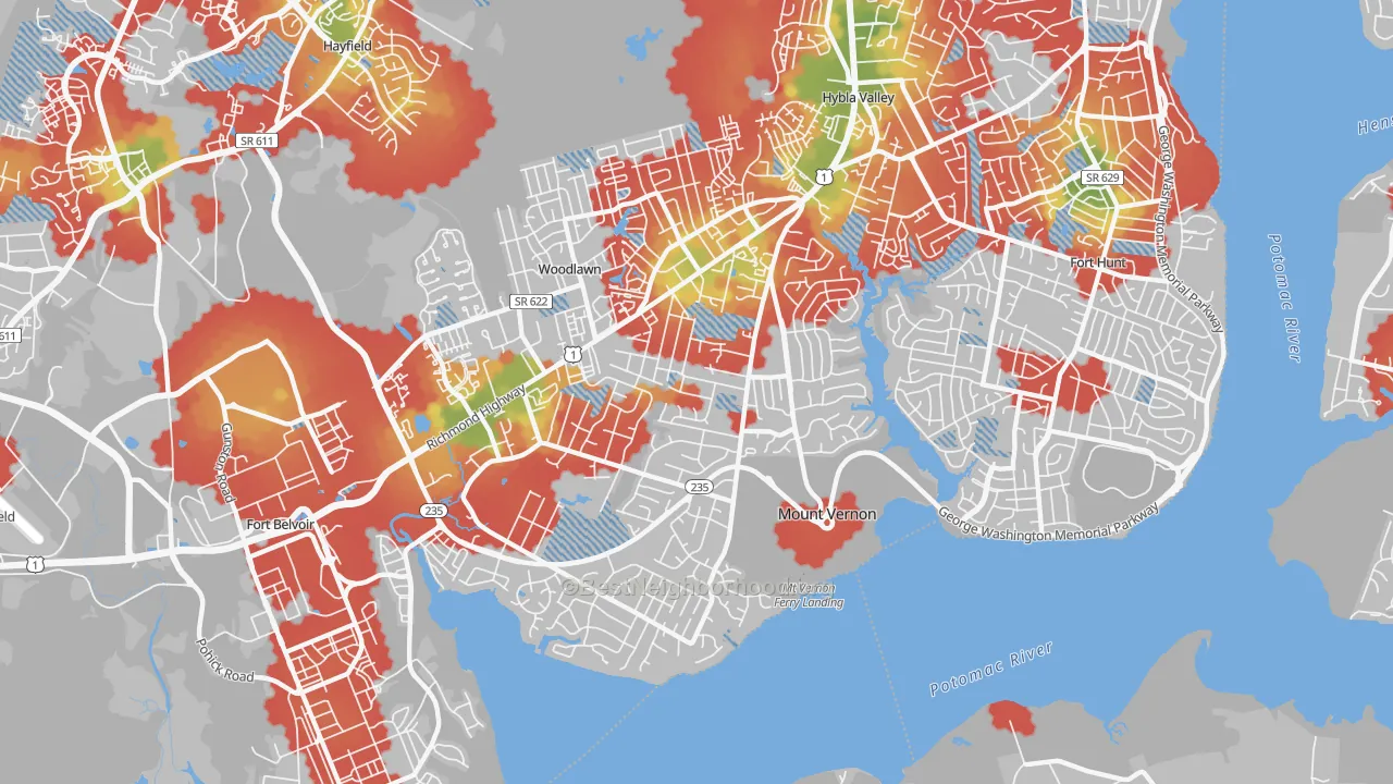 Walk Grade map of Mt Vernon, Mount Vernon, VA, walkable areas in green and car-dependent areas in red